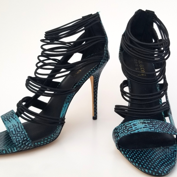 Teal Blue Snake Print Strappy Caged Heels 10 - Picture 2 of 4